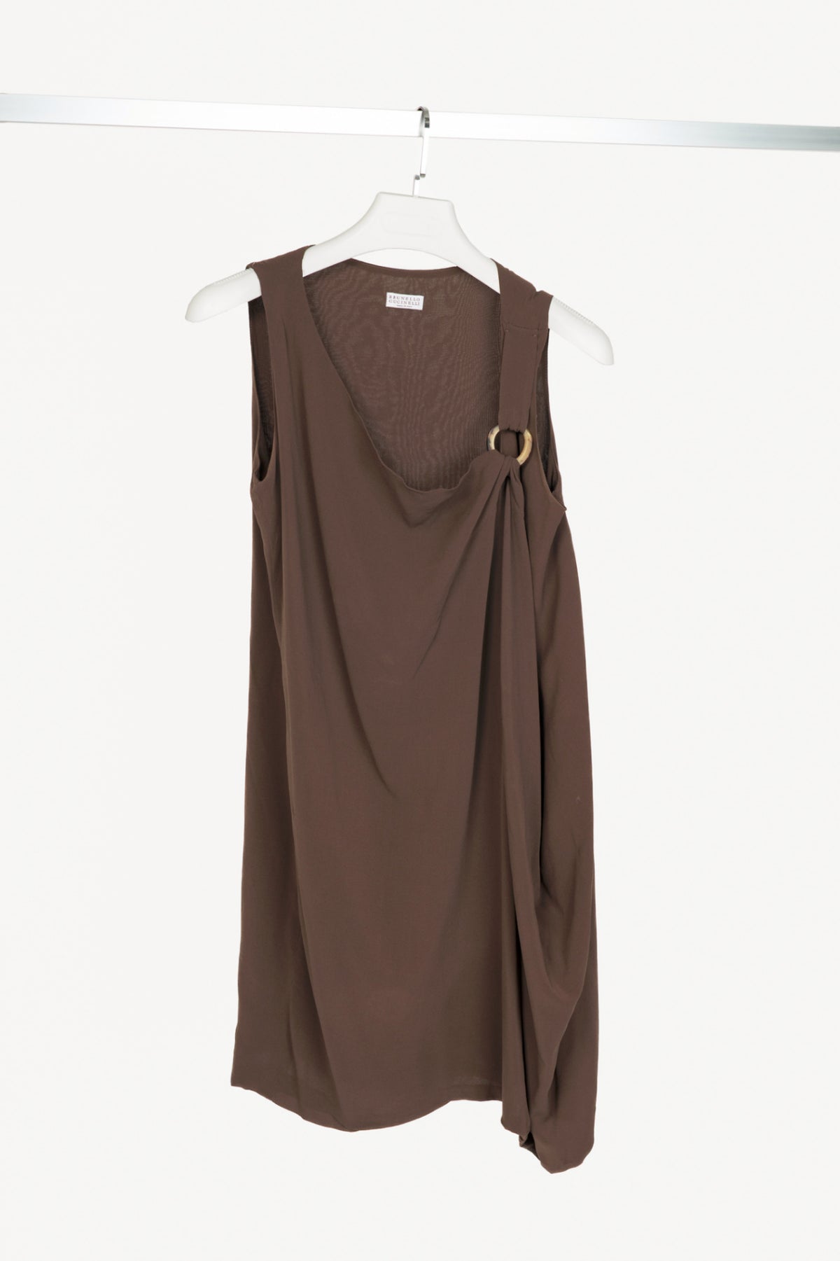 Brunello Cucinelli Brown Silk Crepe Horn-Ring Mini Dress
