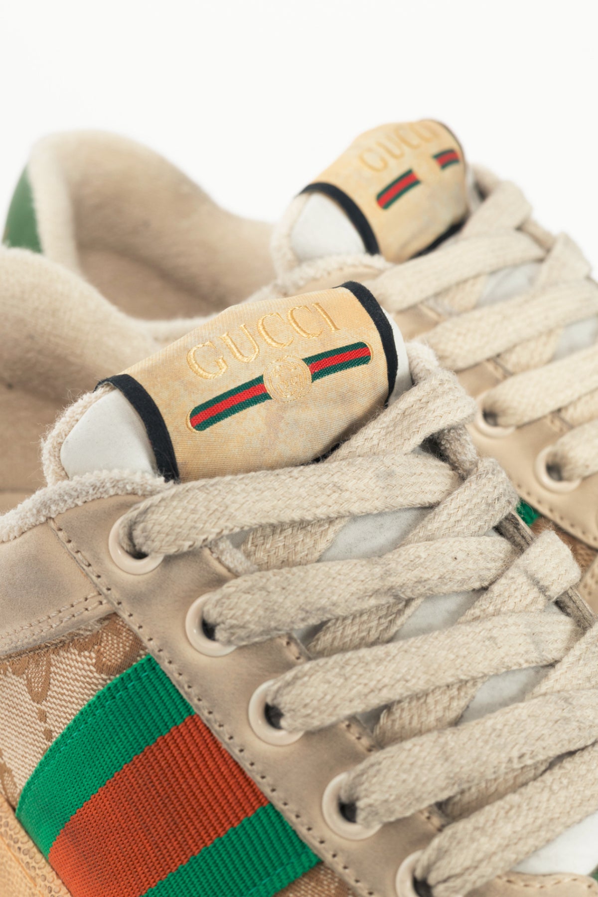 Gucci Screener "Distressed Green Orange" GG-Canvas Web Sneakers