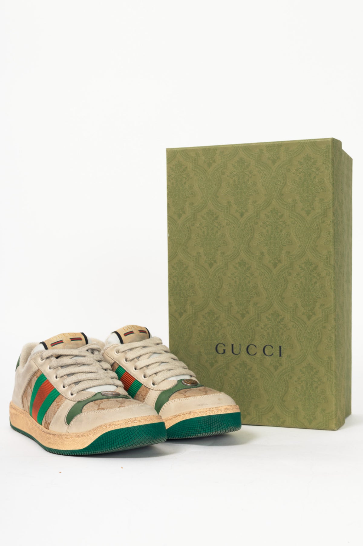 Gucci Screener "Distressed Green Orange" GG-Canvas Web Sneakers