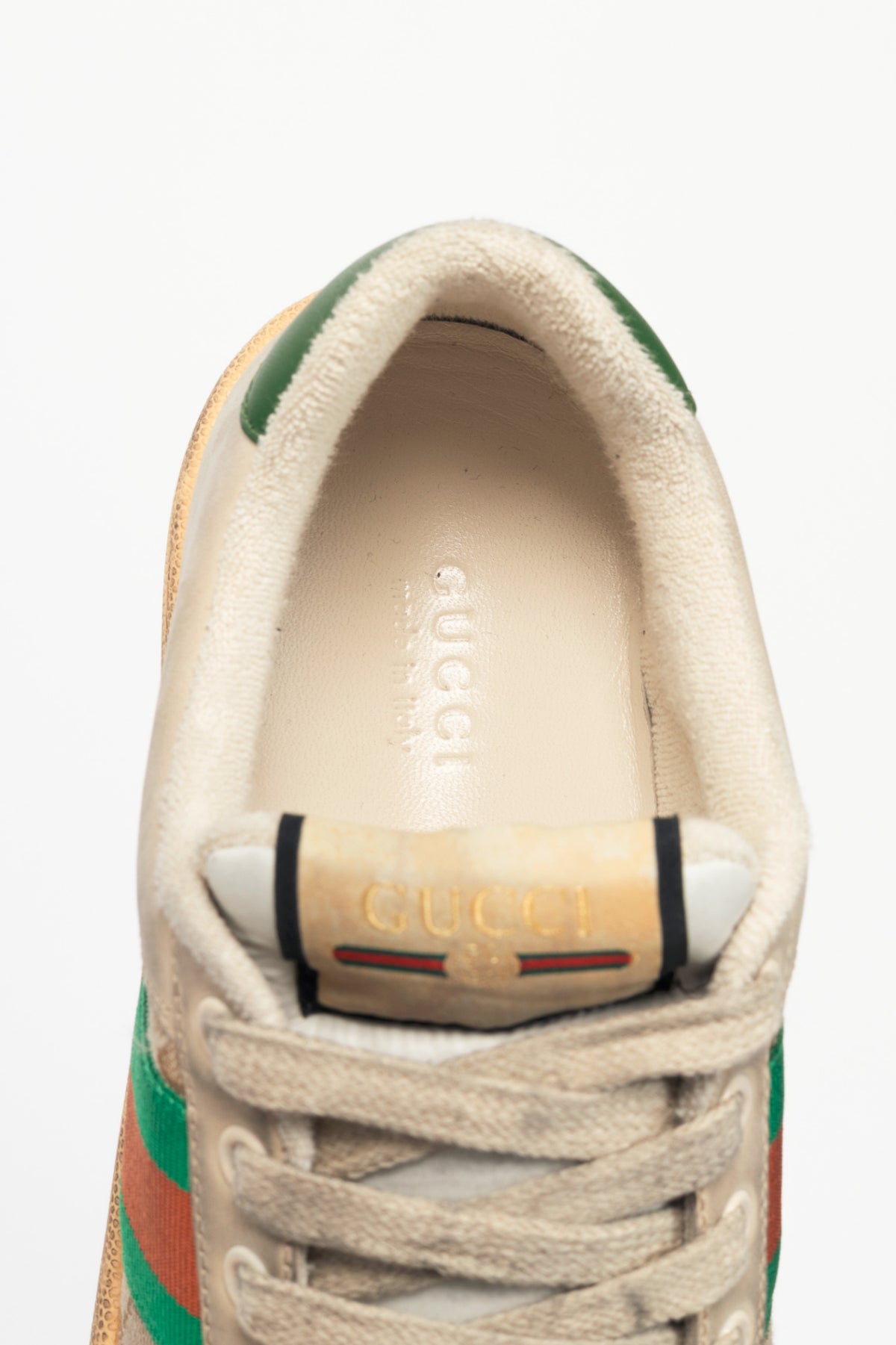 Gucci Screener "Distressed Green Orange" GG-Canvas Web Sneakers