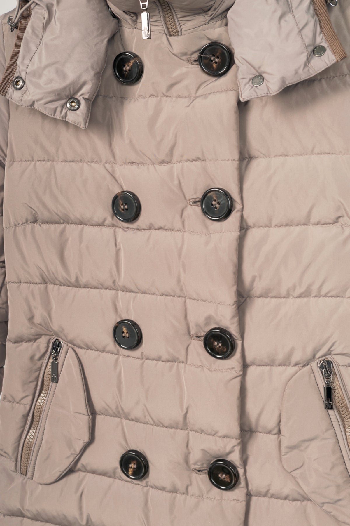 Moncler Garbet Grey Double-Breasted Button Hooded Down Puffer Coat
