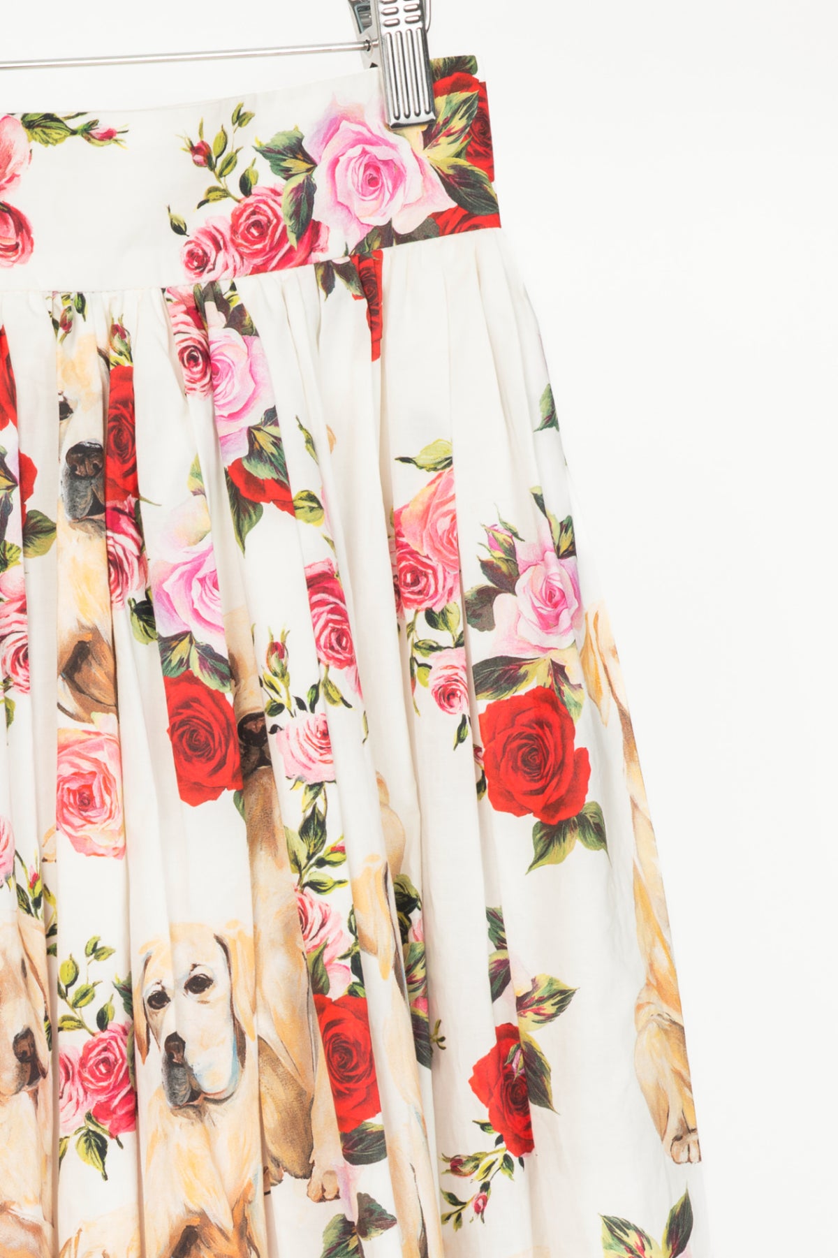 Dolce & Gabbana AW17 White Labrador & Roses Cotton Gathered Skirt