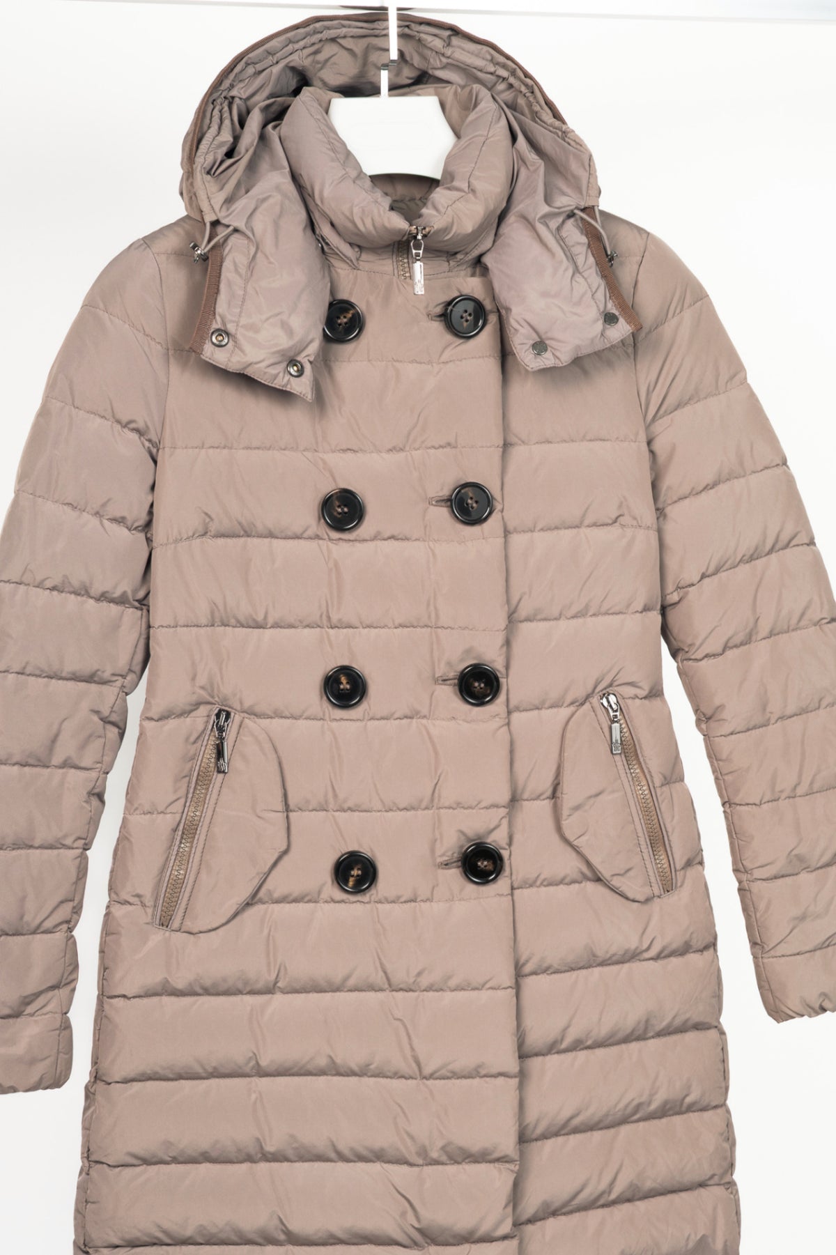 Moncler Garbet Grey Double-Breasted Button Hooded Down Puffer Coat