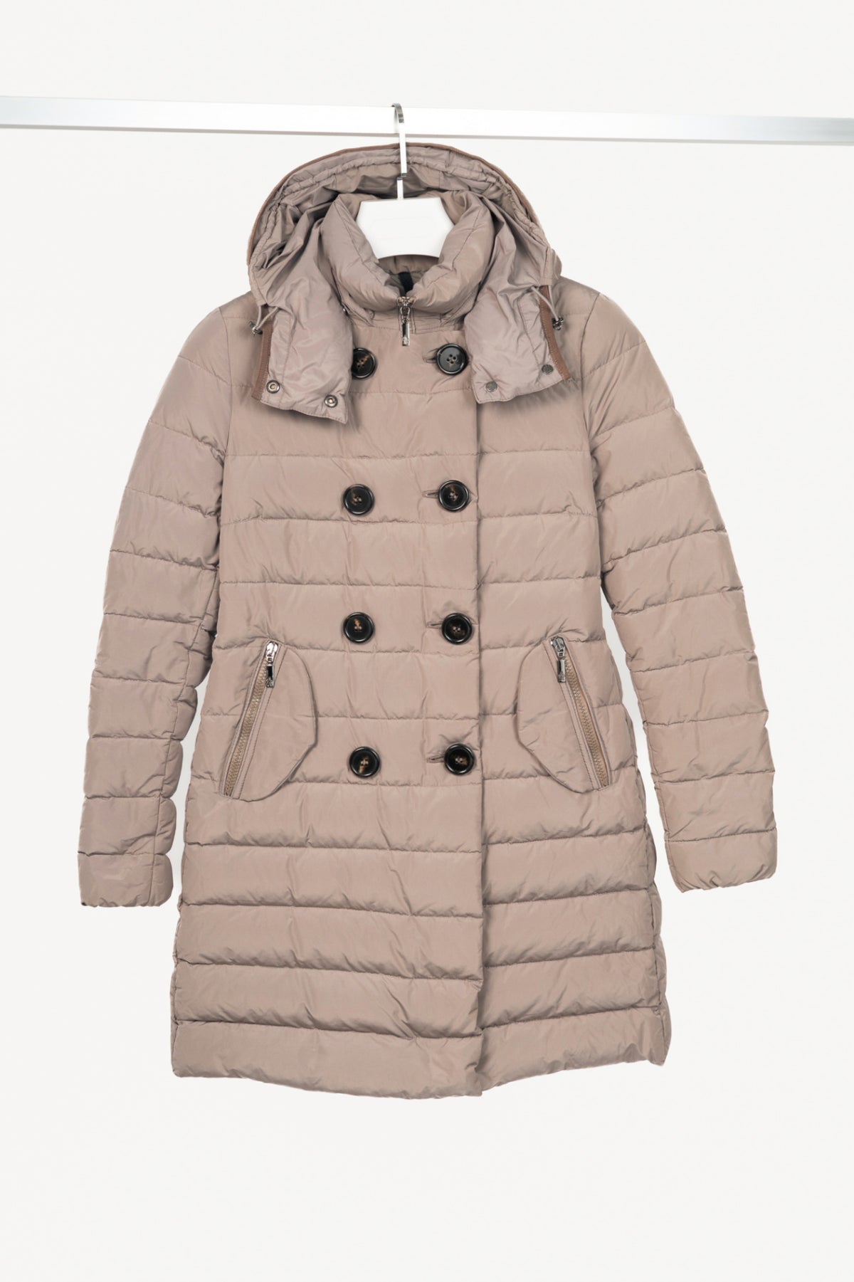 Moncler Garbet Grey Double-Breasted Button Hooded Down Puffer Coat