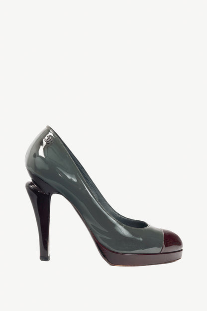 Chanel 08A Grey & Burgundy Patent-Leather Cap-Toe Heels