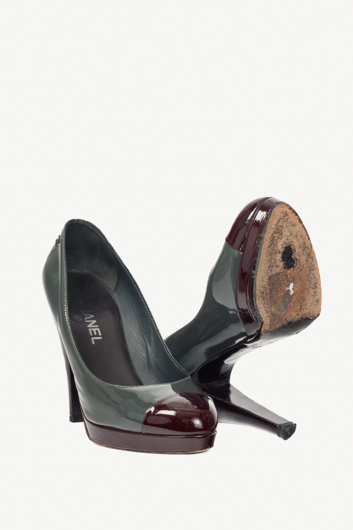 Chanel 08A Grey & Burgundy Patent-Leather Cap-Toe Heels