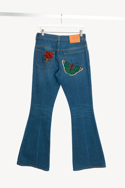 Gucci Blue Embroidered Flared Denim Jeans