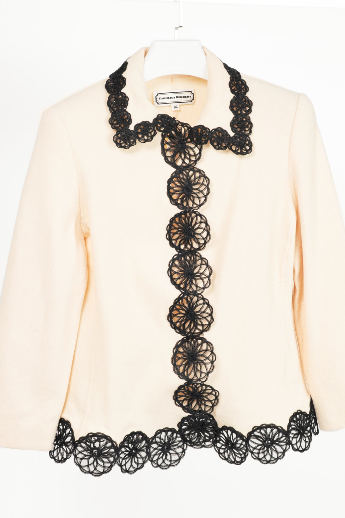 Carolina Herrera Vintage Cream Wool-Crepe Flower-Trim Blazer