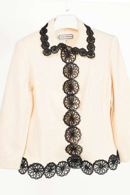 Carolina Herrera Vintage Cream Wool-Crepe Flower-Trim Blazer