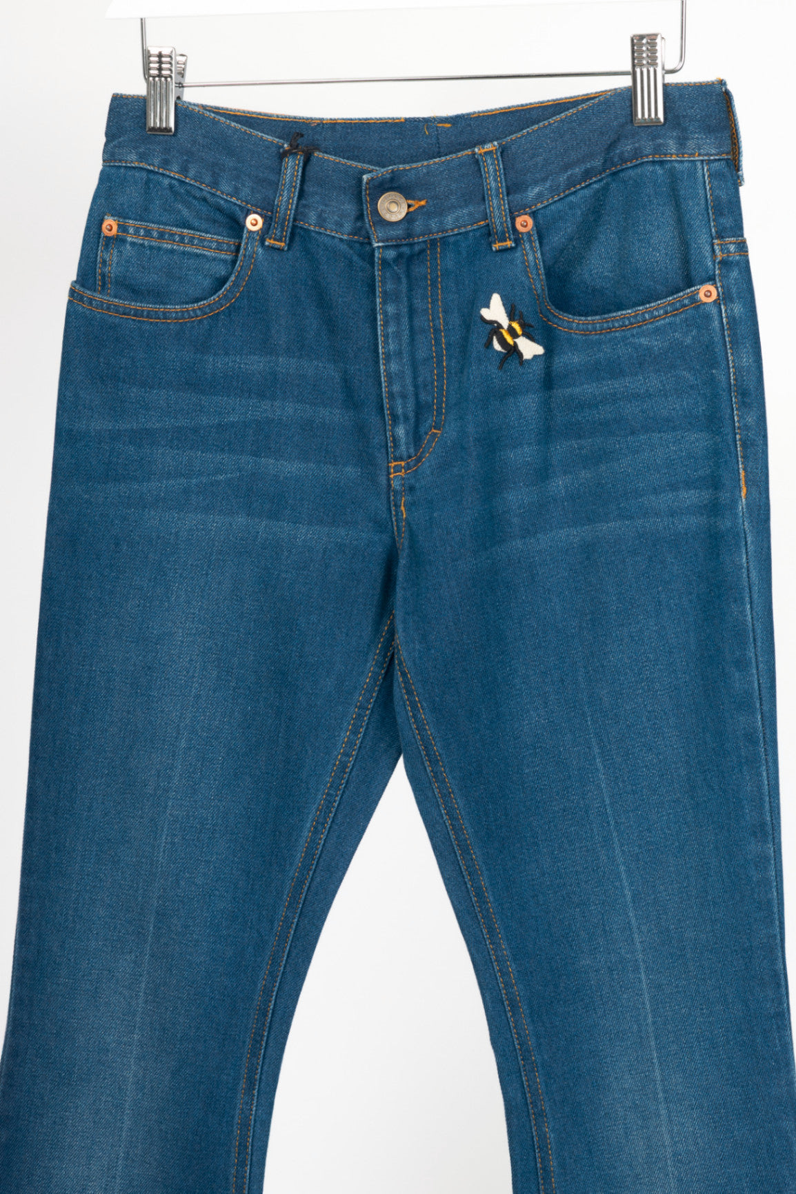 Gucci Blue Embroidered Flared Denim Jeans