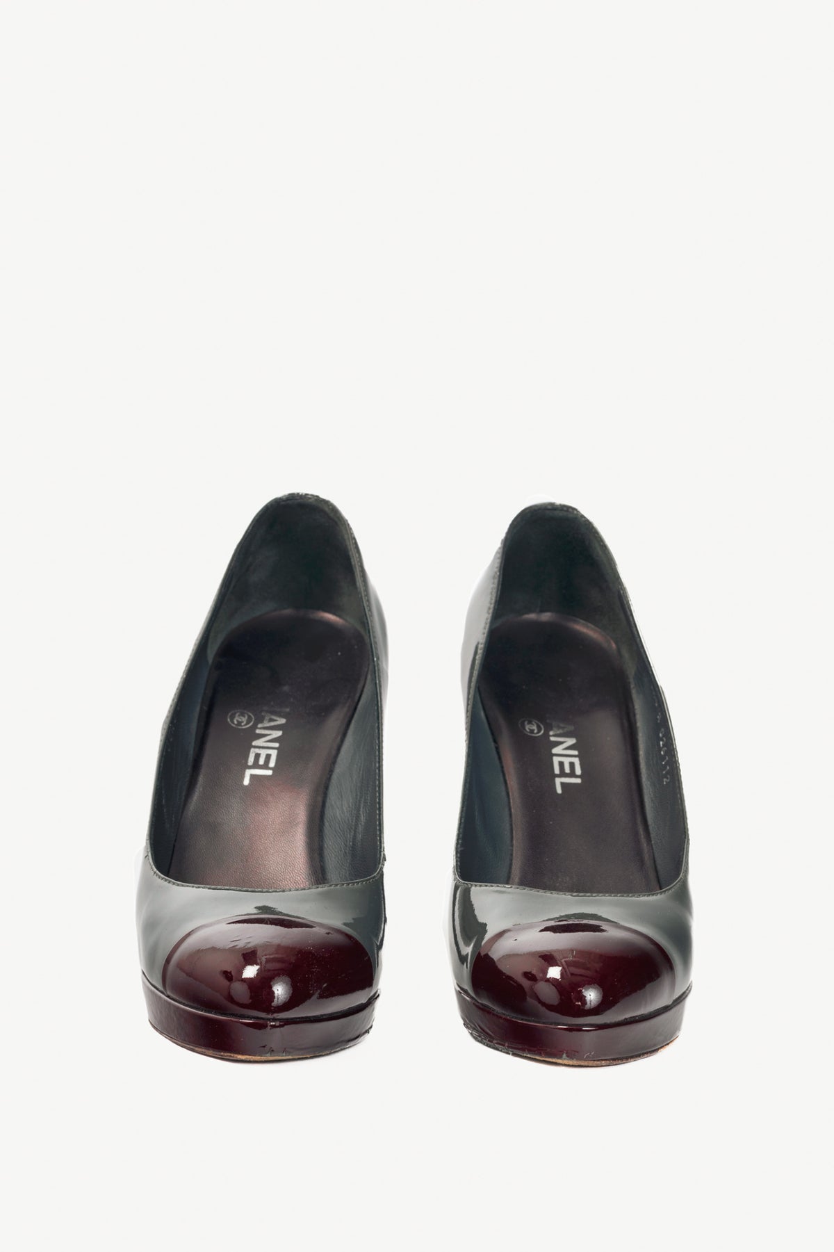 Chanel 08A Grey & Burgundy Patent-Leather Cap-Toe Heels