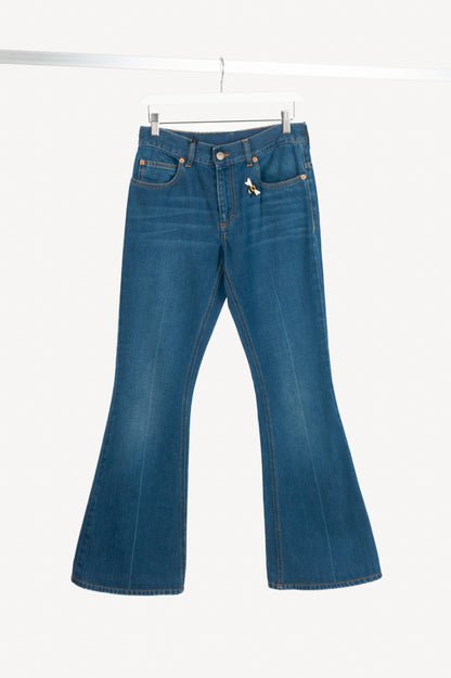 Gucci Blue Embroidered Flared Denim Jeans