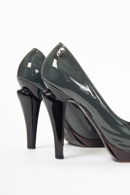 Chanel 08A Grey & Burgundy Patent-Leather Cap-Toe Heels