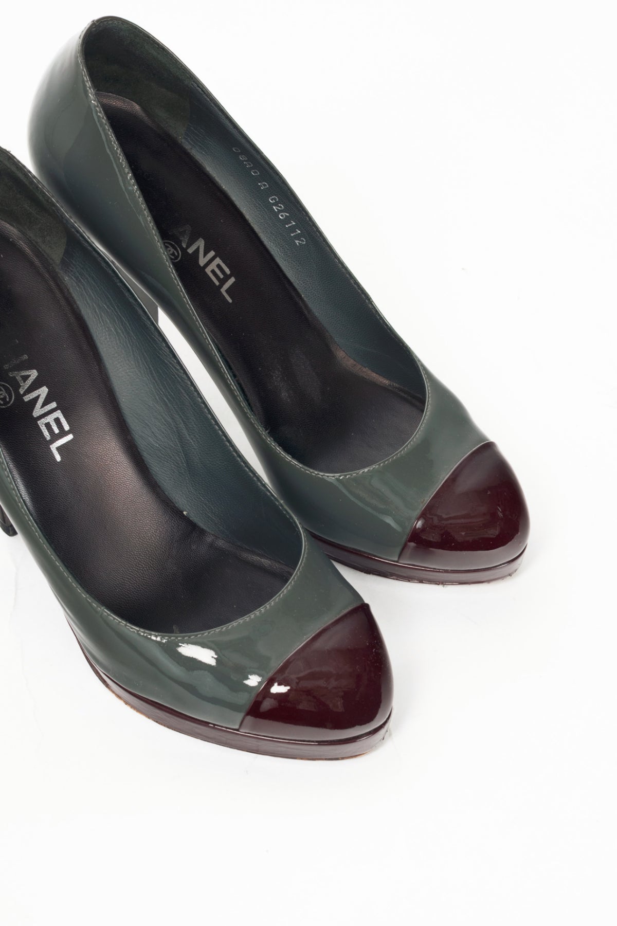 Chanel 08A Grey & Burgundy Patent-Leather Cap-Toe Heels