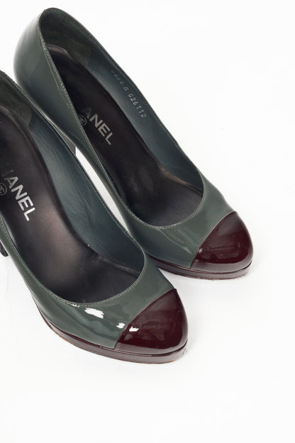 Chanel 08A Grey & Burgundy Patent-Leather Cap-Toe Heels