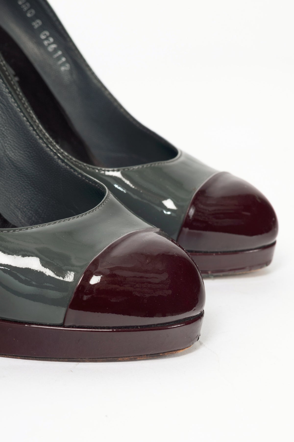 Chanel 08A Grey & Burgundy Patent-Leather Cap-Toe Heels