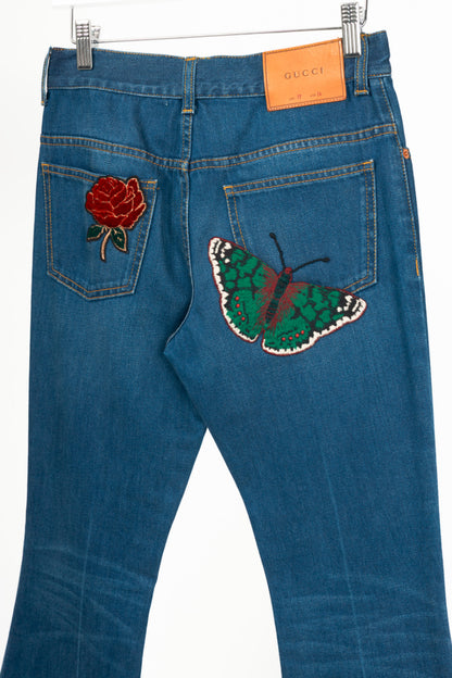 Gucci Blue Embroidered Flared Denim Jeans