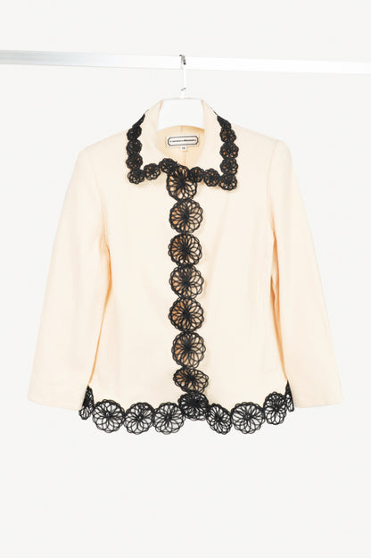 Carolina Herrera Vintage Cream Wool-Crepe Flower-Trim Blazer 