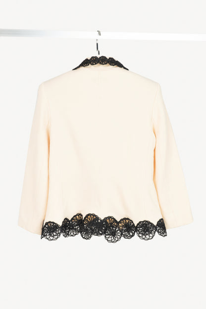 Carolina Herrera Vintage Cream Wool-Crepe Flower-Trim Blazer 