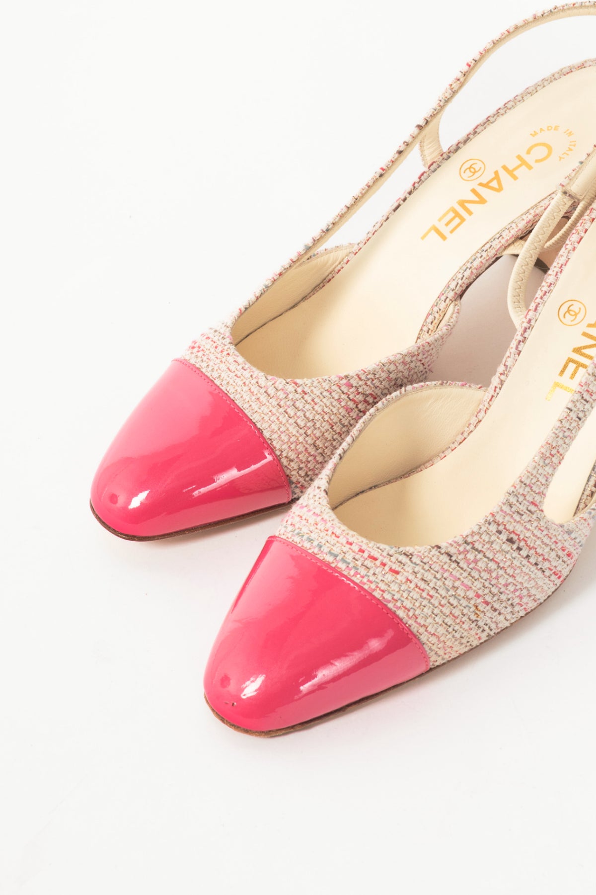 Chanel pink tweed cap toe sling back