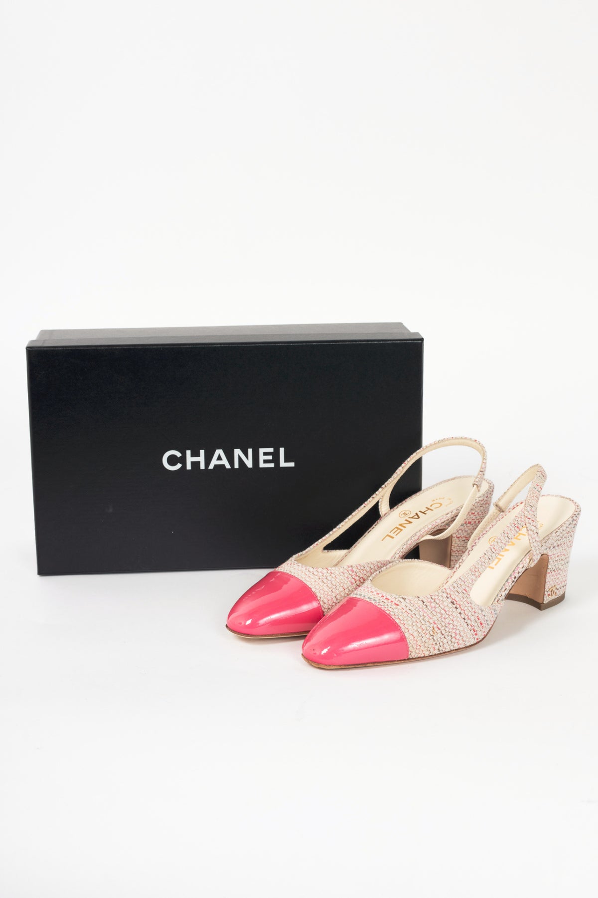 Chanel pink tweed cap toe sling back