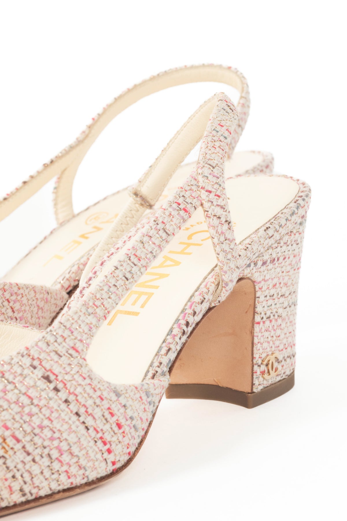 Chanel pink tweed cap toe sling back