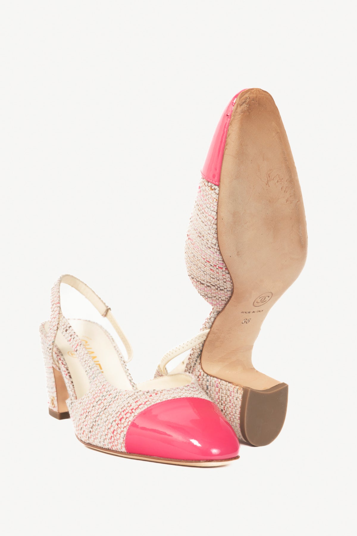 Chanel pink tweed cap toe sling back