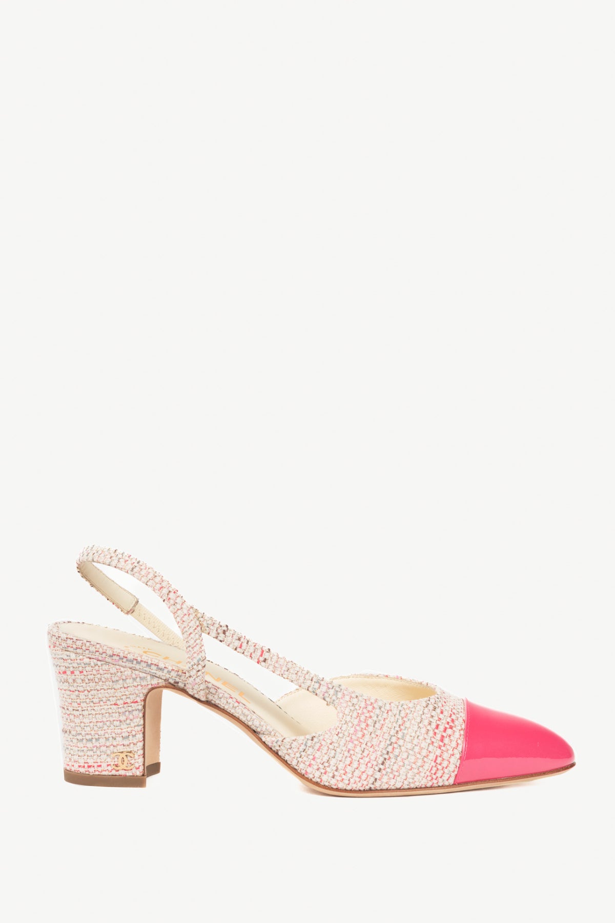 Chanel pink tweed cap toe sling back