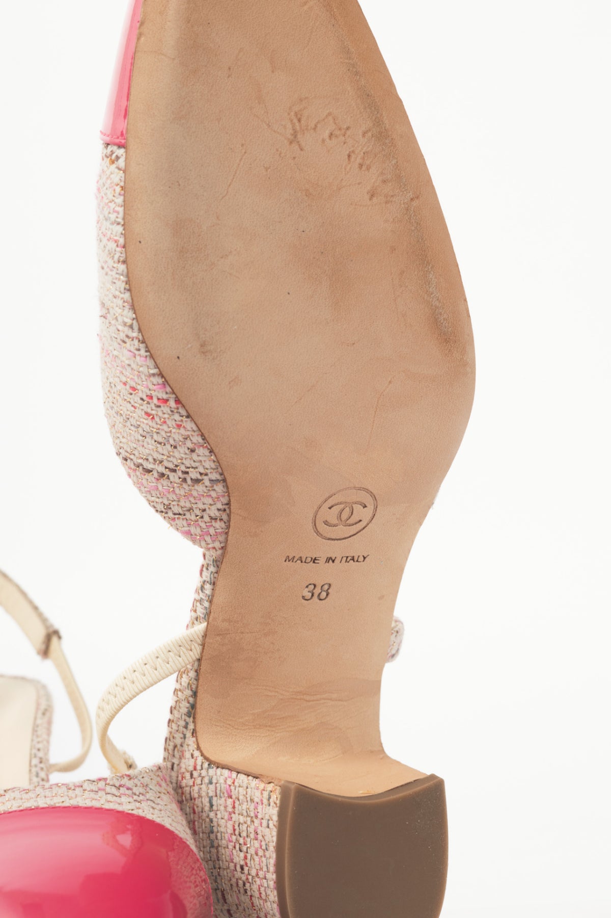 Chanel pink tweed cap toe sling back