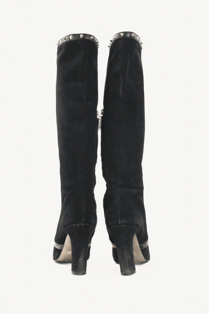 Dolce & Gabbana Black Suede Studded Lace-up Knee High Boots