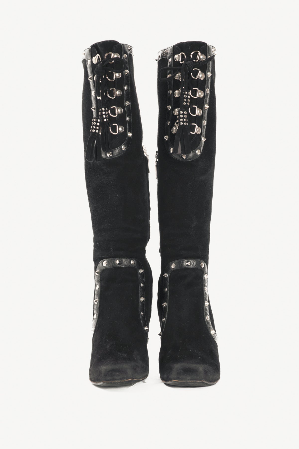 Dolce & Gabbana Black Suede Studded Lace-up Knee High Boots