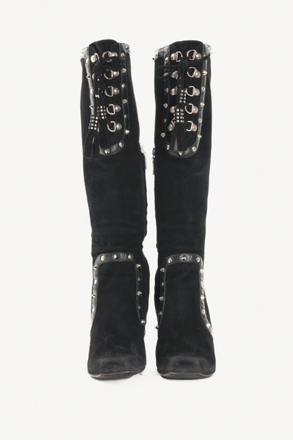 Dolce & Gabbana Black Suede Studded Lace-up Knee High Boots