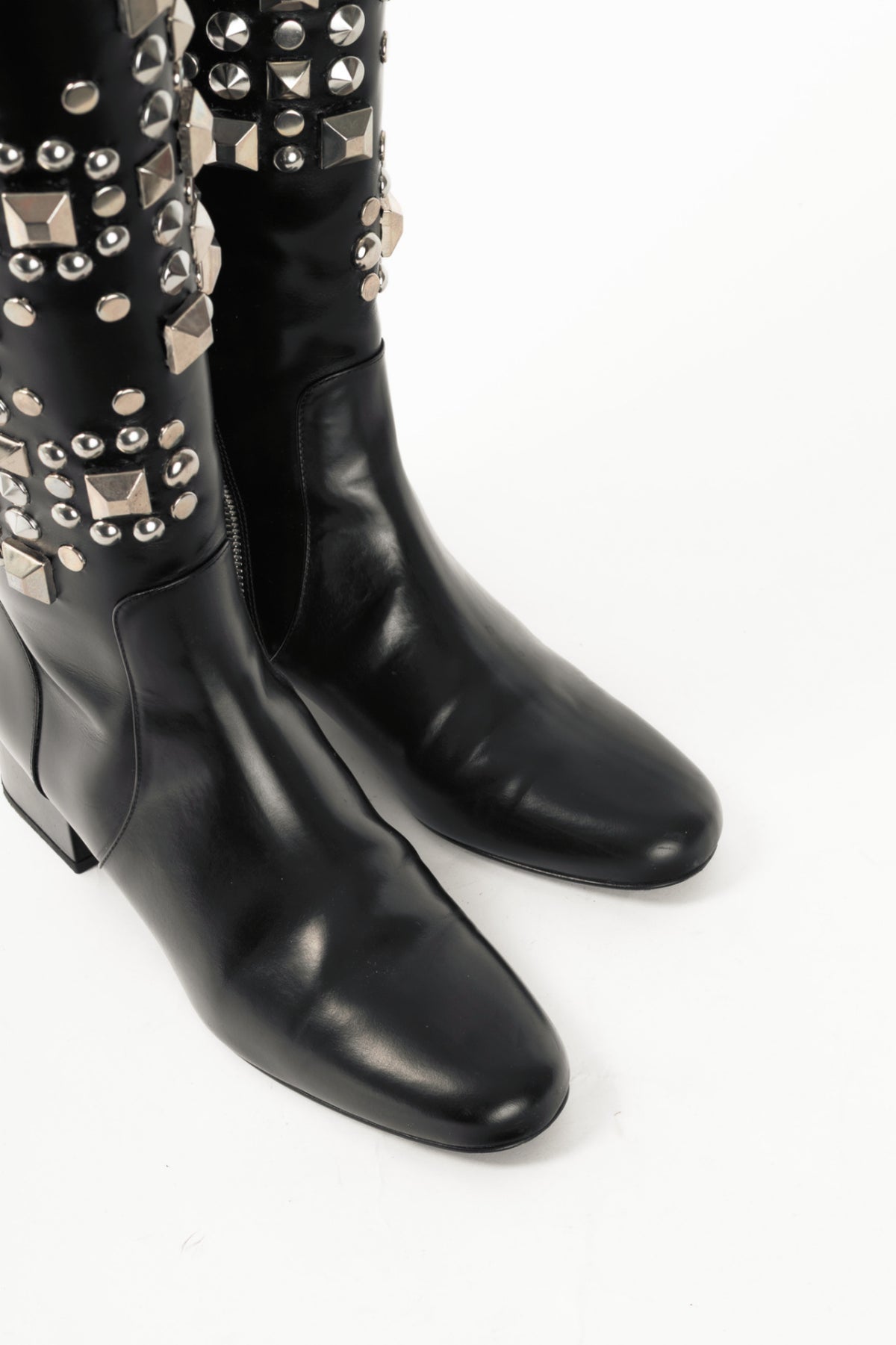 Saint Laurent AW14 Runway Babies 40 Black Leather Studded Knee-High Boots