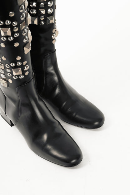 Saint Laurent AW14 Runway Babies 40 Black Leather Studded Knee-High Boots