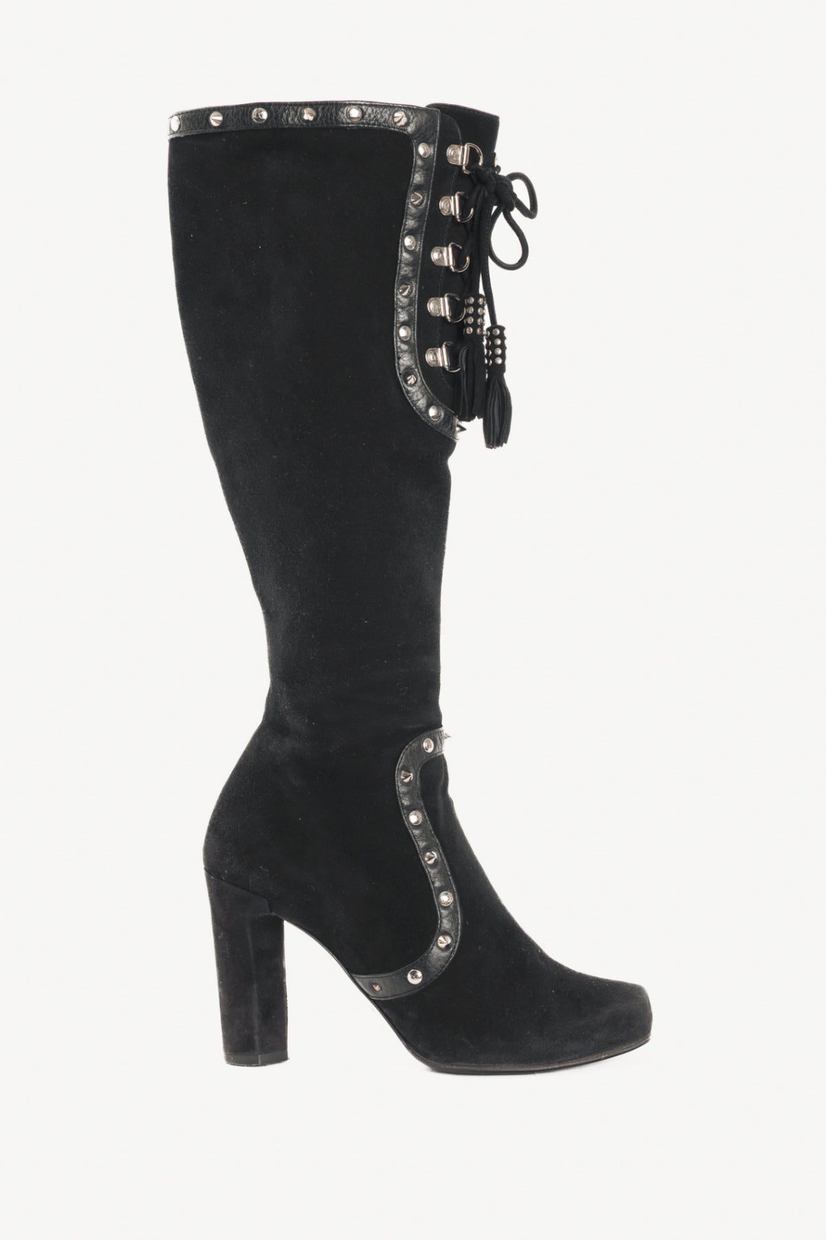 Dolce & Gabbana Black Suede Studded Lace-up Knee High Boots