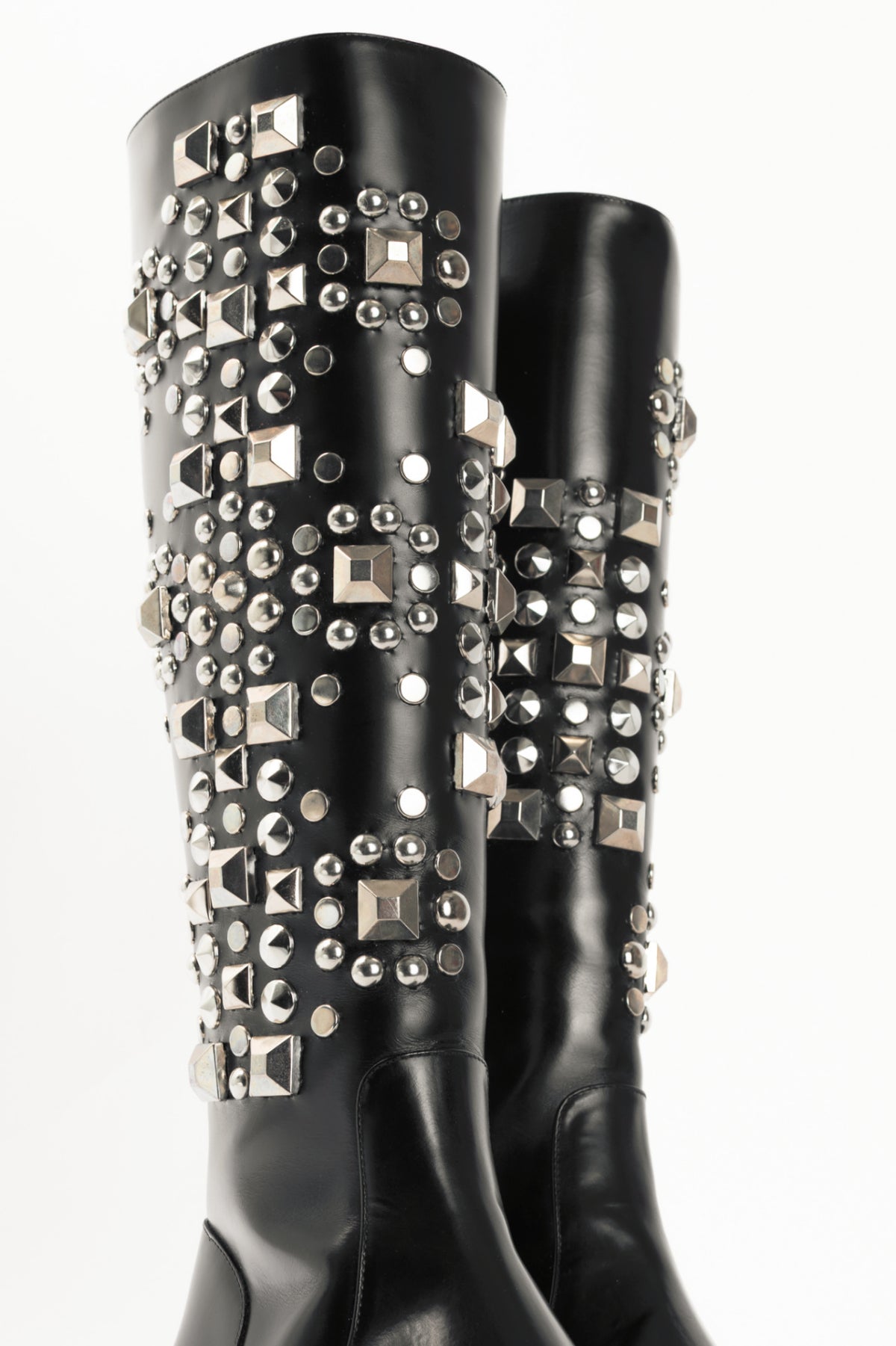 Saint Laurent AW14 Runway Babies 40 Black Leather Studded Knee-High Boots
