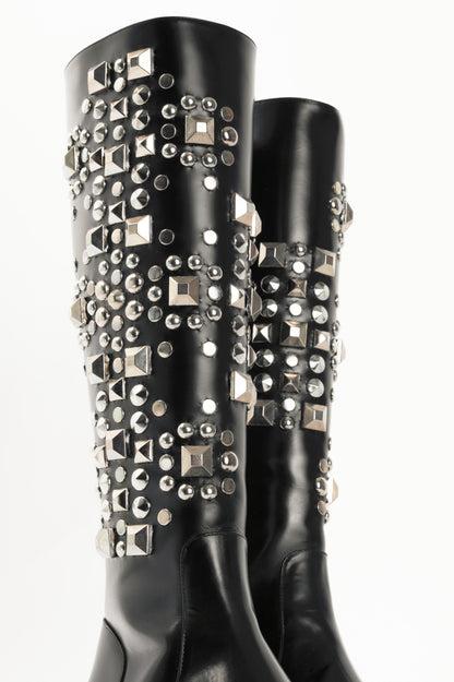 Saint Laurent AW14 Runway Babies 40 Black Leather Studded Knee-High Boots