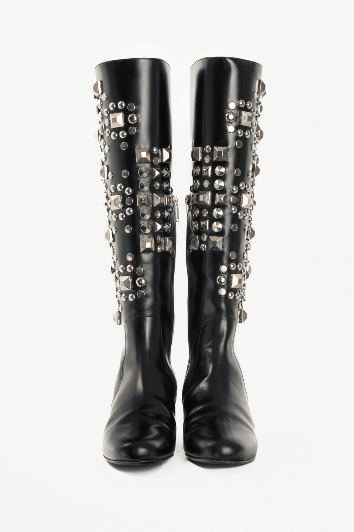 Saint Laurent AW14 Runway Babies 40 Black Leather Studded Knee-High Boots