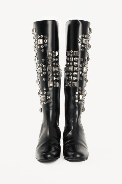 Saint Laurent AW14 Runway Babies 40 Black Leather Studded Knee-High Boots