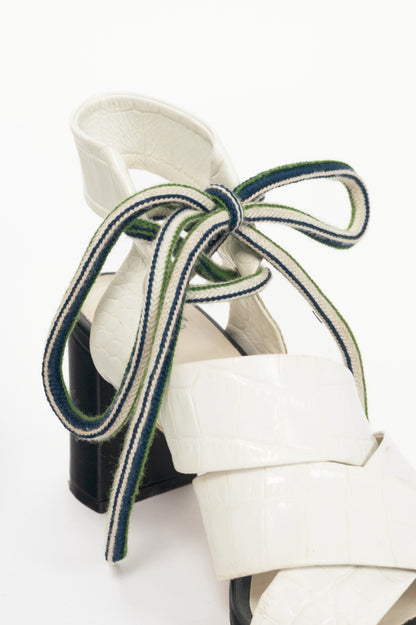 MSGM Espa White Croc-Embossed Criss-Cross Lace-Up Sandals