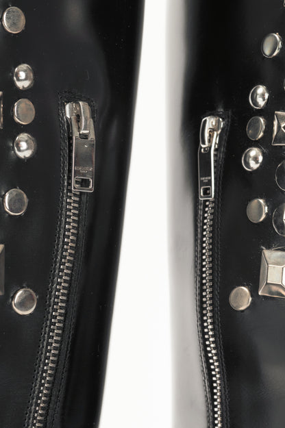Saint Laurent AW14 Runway Babies 40 Black Leather Studded Knee-High Boots