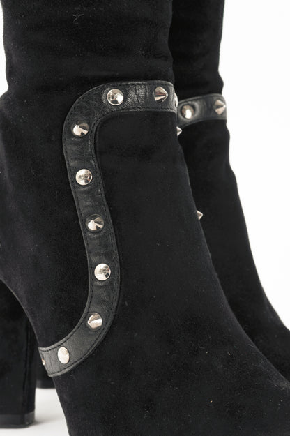 Dolce & Gabbana Black Suede Studded Lace-up Knee High Boots