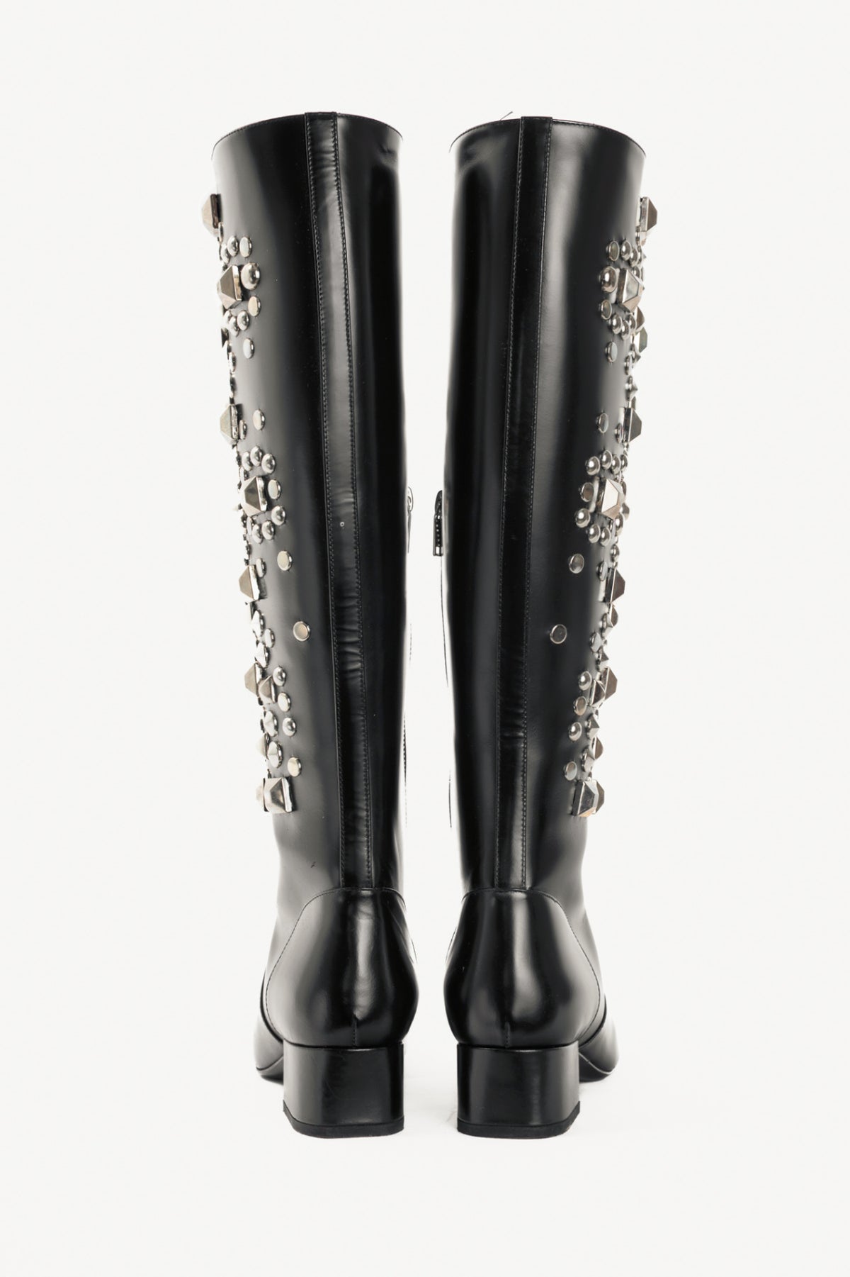 Saint Laurent AW14 Runway Babies 40 Black Leather Studded Knee-High Boots