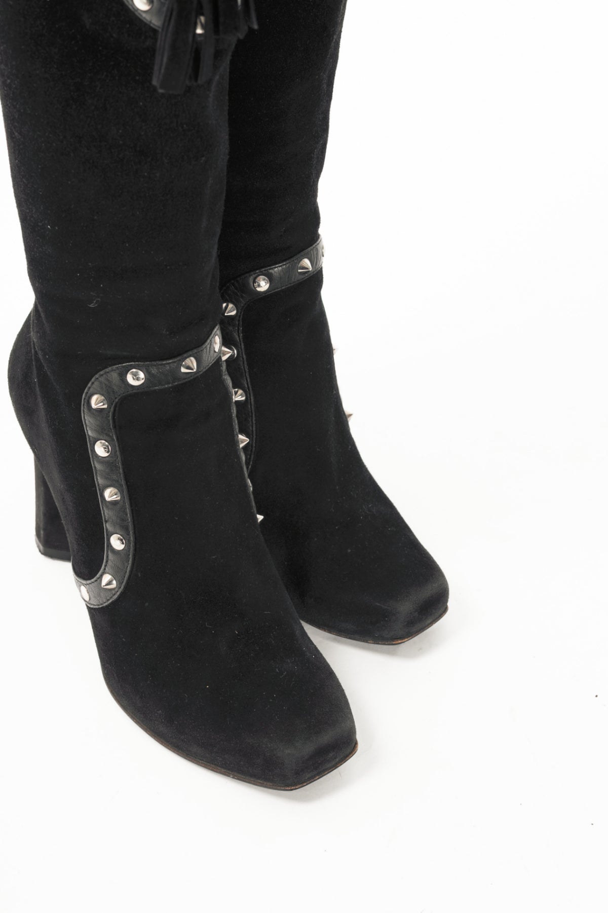 Dolce & Gabbana Black Suede Studded Lace-up Knee High Boots