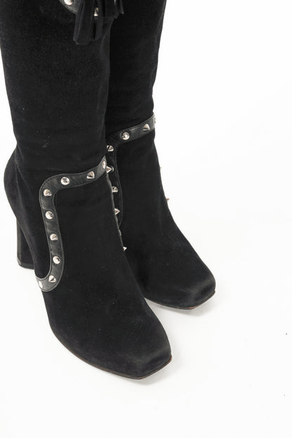 Dolce & Gabbana Black Suede Studded Lace-up Knee High Boots