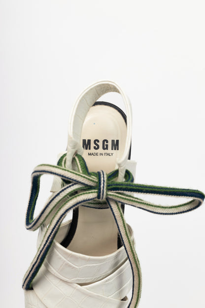 MSGM Espa White Croc-Embossed Criss-Cross Lace-Up Sandals