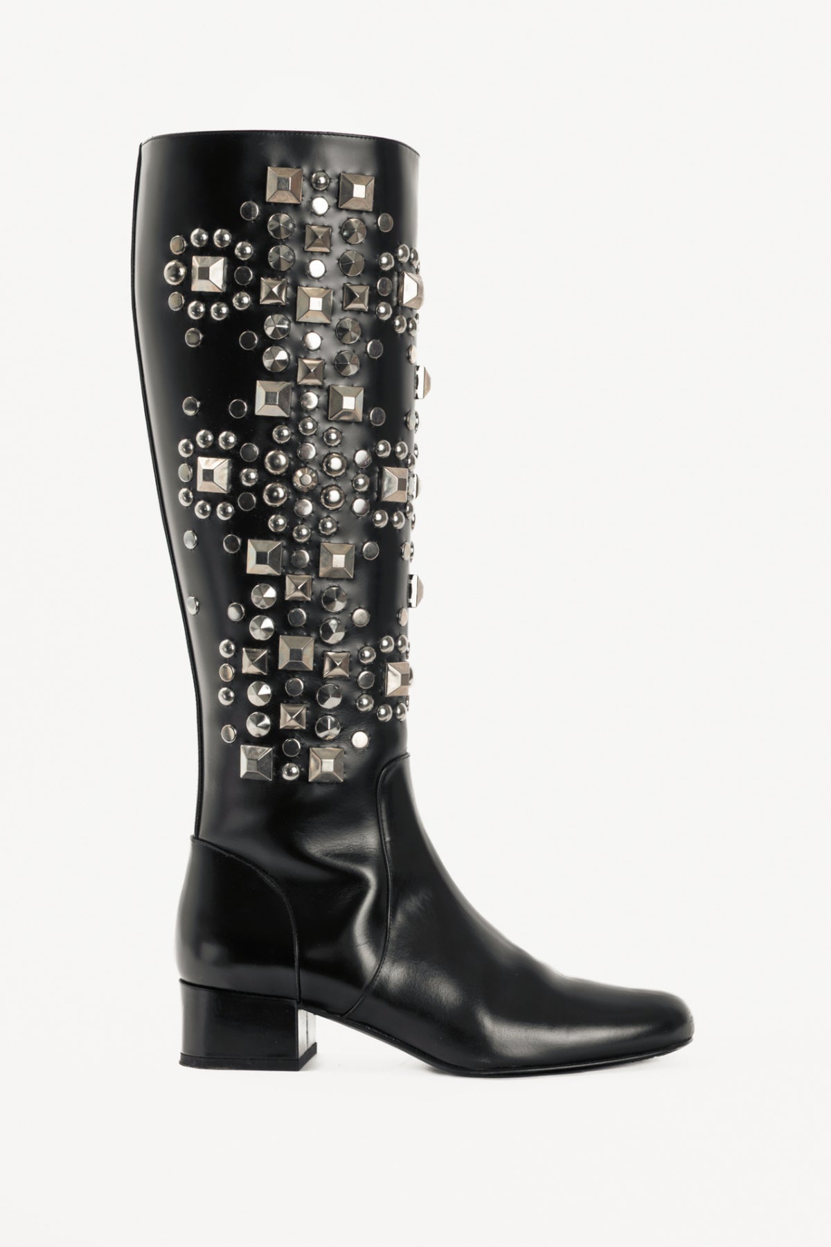 Saint Laurent AW14 Runway Babies 40 Black Leather Studded Knee-High Boots