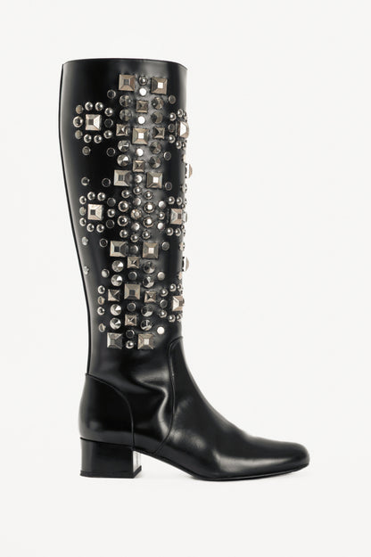 Saint Laurent AW14 Runway Babies 40 Black Leather Studded Knee-High Boots