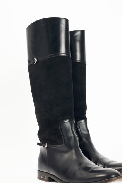 Gucci Nero Leather & Suede Knee-High Riding Boots