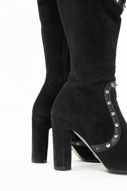 Dolce & Gabbana Black Suede Studded Lace-up Knee High Boots
